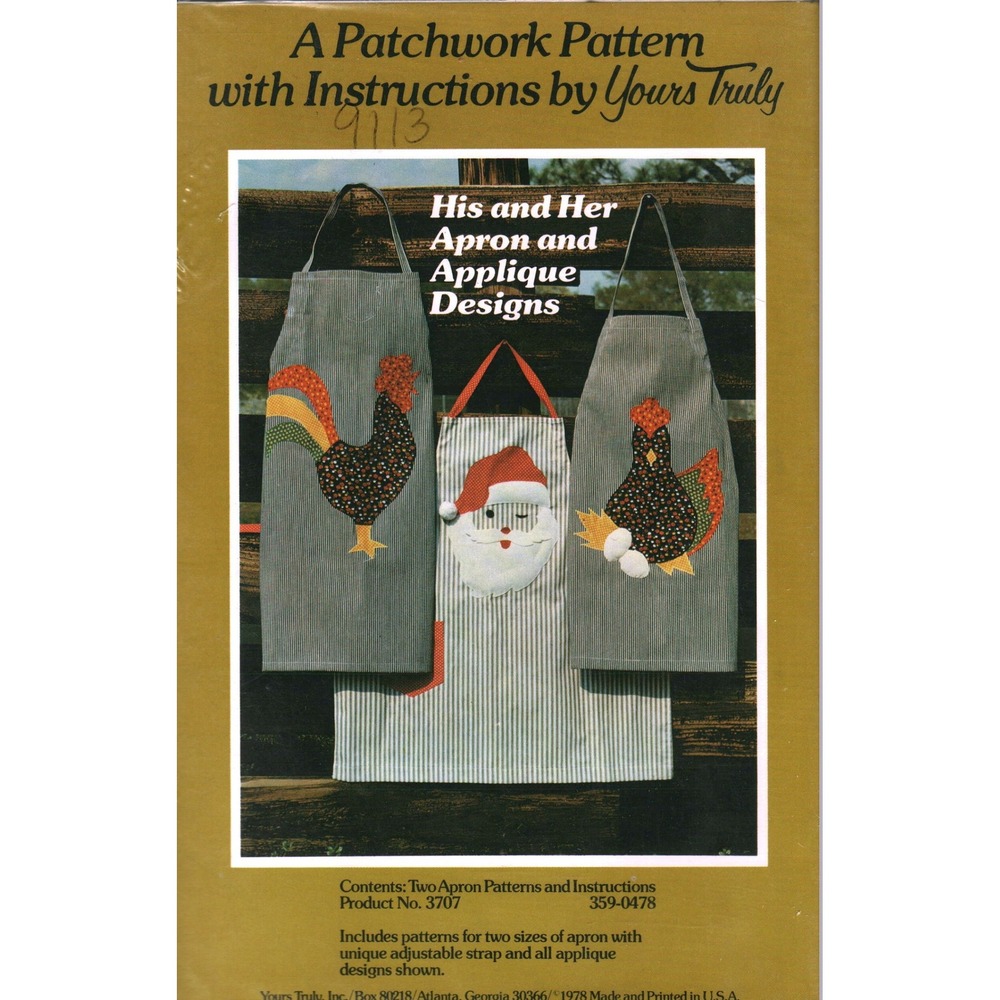 Vintage 1978 Yours Truly Patchwork Pattern His and Her Apron Applique 9113
